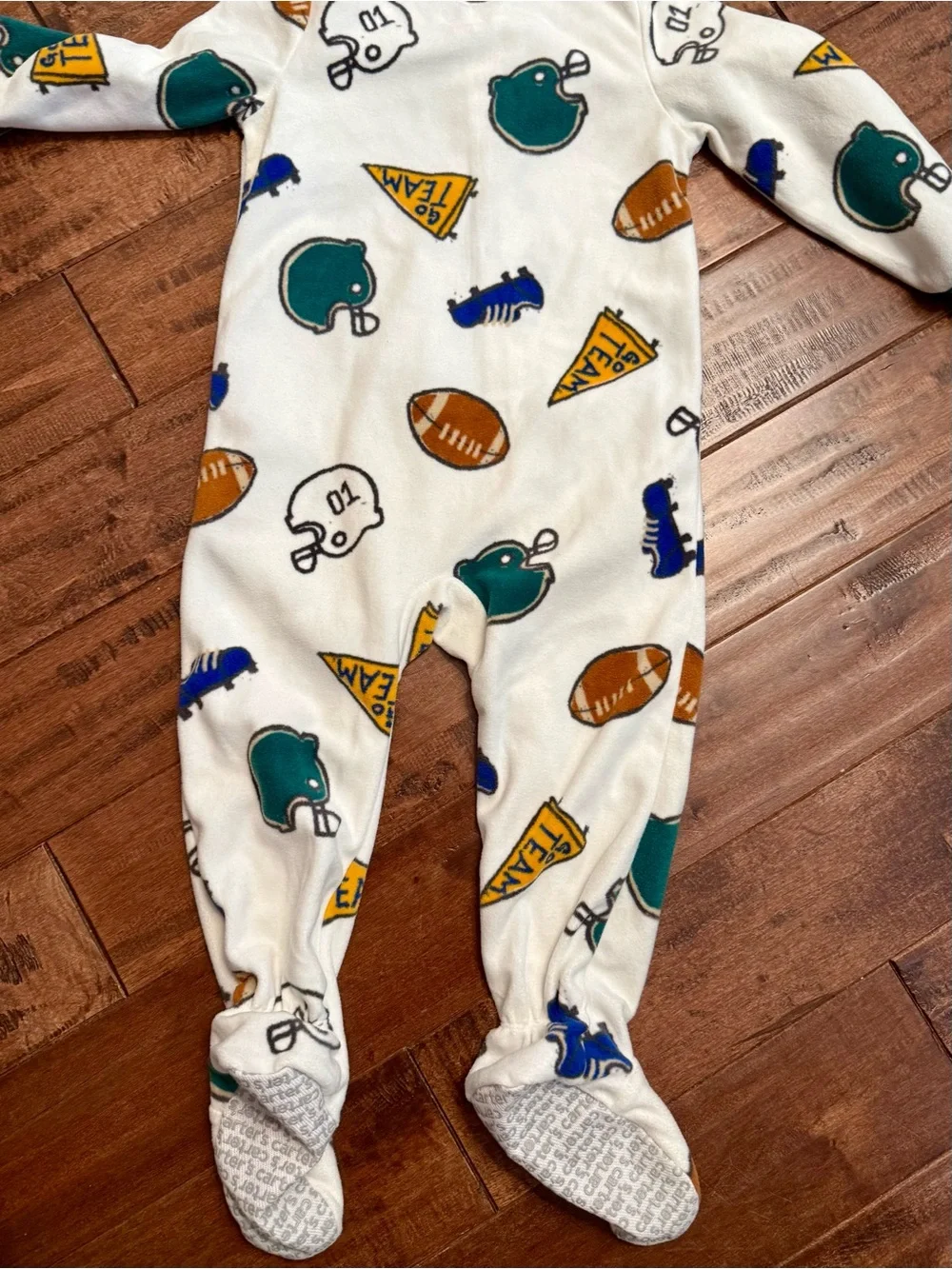 Carter's White Football & Team Print Footed One-Piece Pajamas with Teal Trim